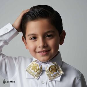 White Mexican Kids Embroidered Charro Moño – Traditional Satin Baby Mariachi Bow